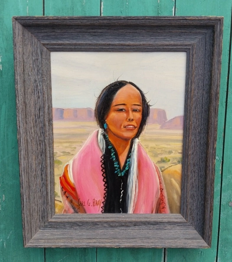 SMALL FRAMED OIL PAINTING OF AN INDIAN WOMAN SIGNED CARL BRAY classic mural painting