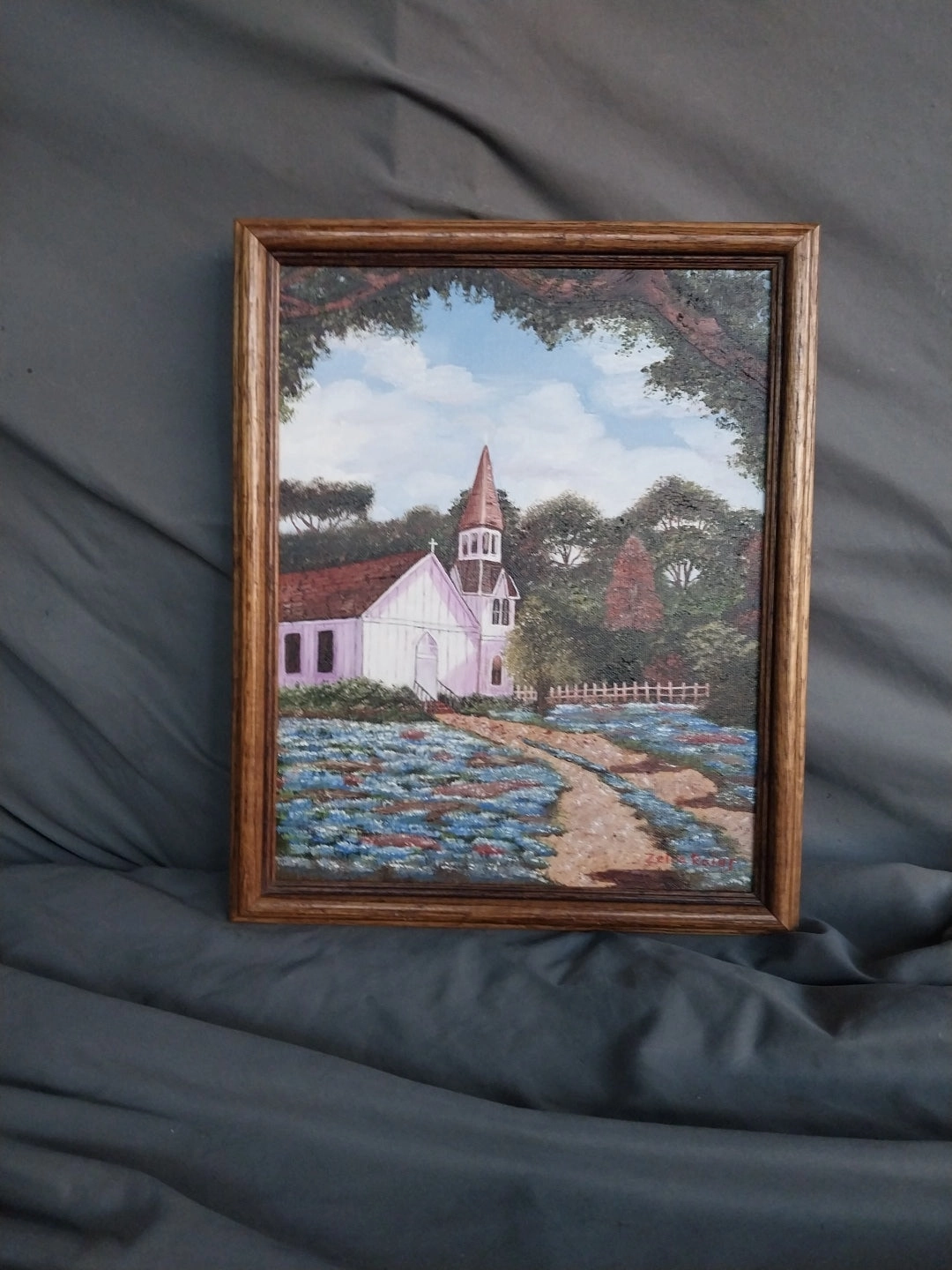 SMALL FRAMED OIL PAINTING OF CHURCH WITH BLUEBONNETS classic mural painting