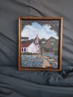 SMALL FRAMED OIL PAINTING OF CHURCH WITH BLUEBONNETS classic mural painting