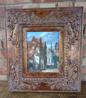 SMALL FRAMED OIL PAINTING OF EUROPEAN TOWN classic mural painting