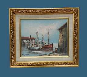 SMALL FRAMED OIL PAINTING OF FISHING BOATS classic mural painting