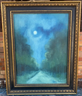 SMALL FRAMED OIL PAINTING OF MOON LIT ROAD classic mural painting