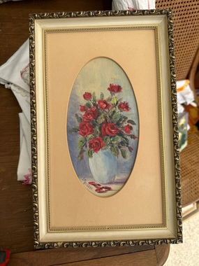 SMALL FRAMED OIL PAINTING OF ROSES IN A VASE BY EM DILLARD classic mural painting
