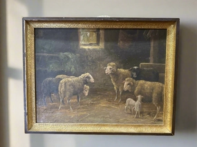 SMALL FRAMED OIL PAINTING OF SHEEP classic mural painting