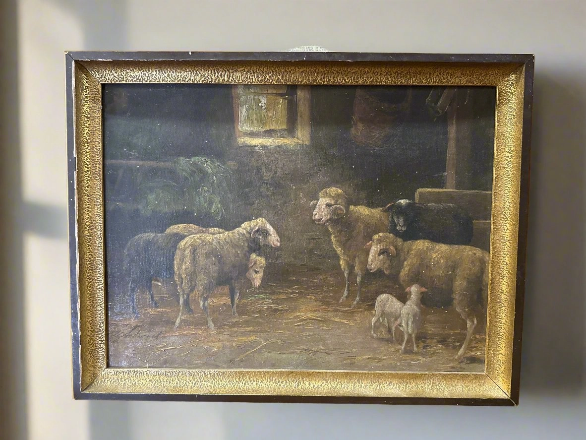 SMALL FRAMED OIL PAINTING OF SHEEP classic mural painting