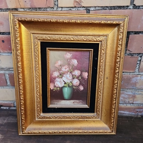 SMALL FRAMED STILL LIFE OIL PAINTING OF PINK ROSES IN VASE classic mural painting