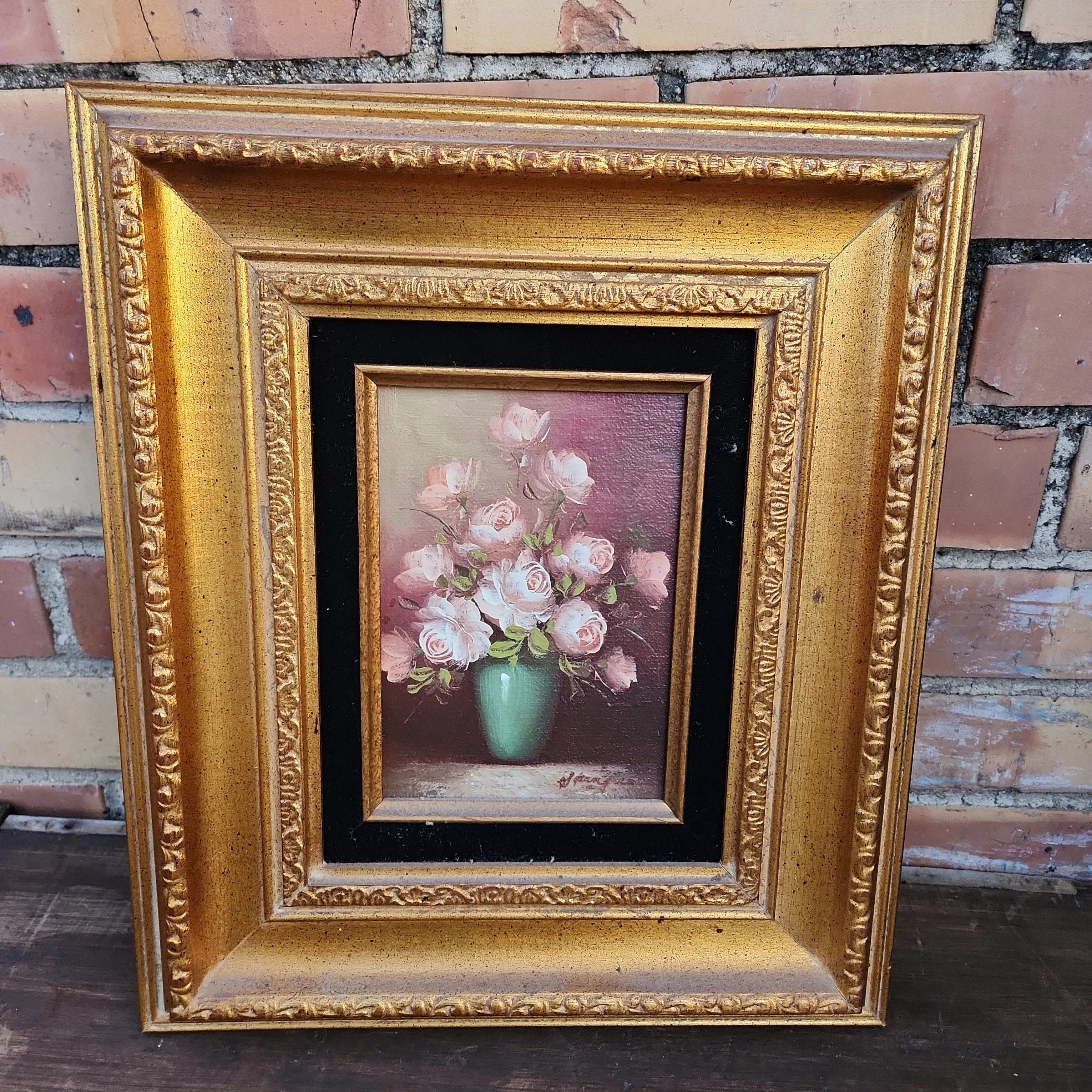 SMALL FRAMED STILL LIFE OIL PAINTING OF PINK ROSES IN VASE classic mural painting