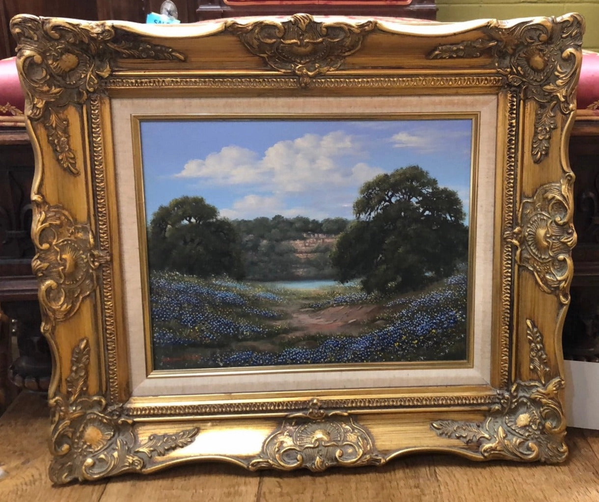 SMALL FRAMED TEXAS BLUEBONNET OIL PAINTING BY MARGARET RUTH HARDEN classic mural painting