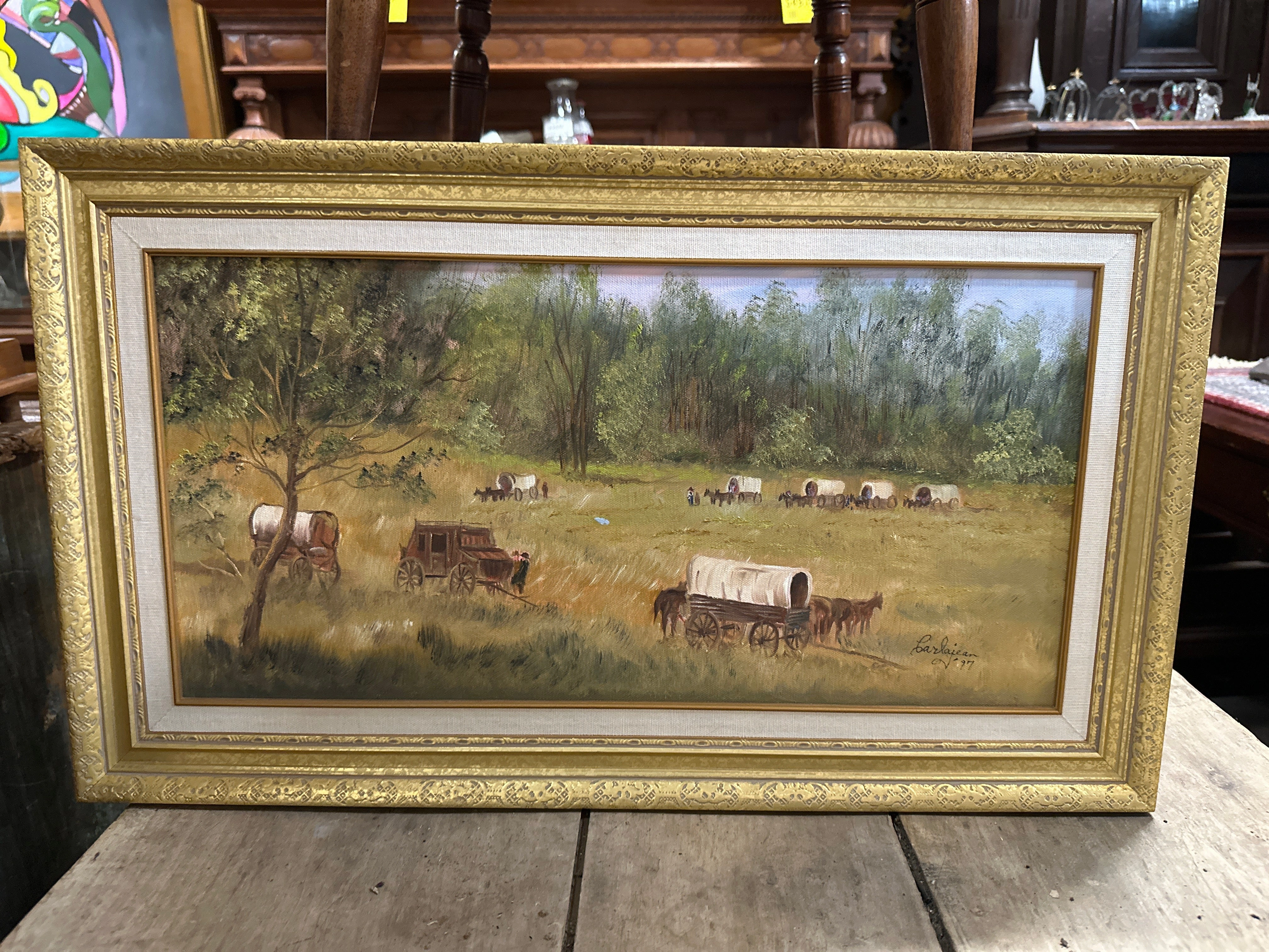 SMALL FRAMED WAGON TRAIL OIL PAINTING SIGNED CARLA JEAN classic mural painting
