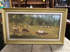 SMALL FRAMED WAGON TRAIL OIL PAINTING SIGNED CARLA JEAN classic mural painting