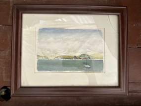 SMALL FRAMED WATERCOLOR OF A SAIL BOAT AS FOUND-SIGNED classic mural painting