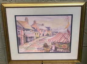 SMALL FRAMED WATERCOLOR OF MARKET classic mural painting