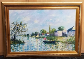 SMALL FRENCH IMPRESSIONIST OIL PAINTING ON CANVAS OF CANAL classic mural painting