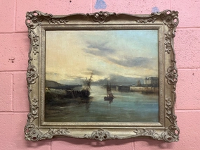 SMALL GILT FRAMED OIL PAINTING OF A SAILING SHIP classic mural painting