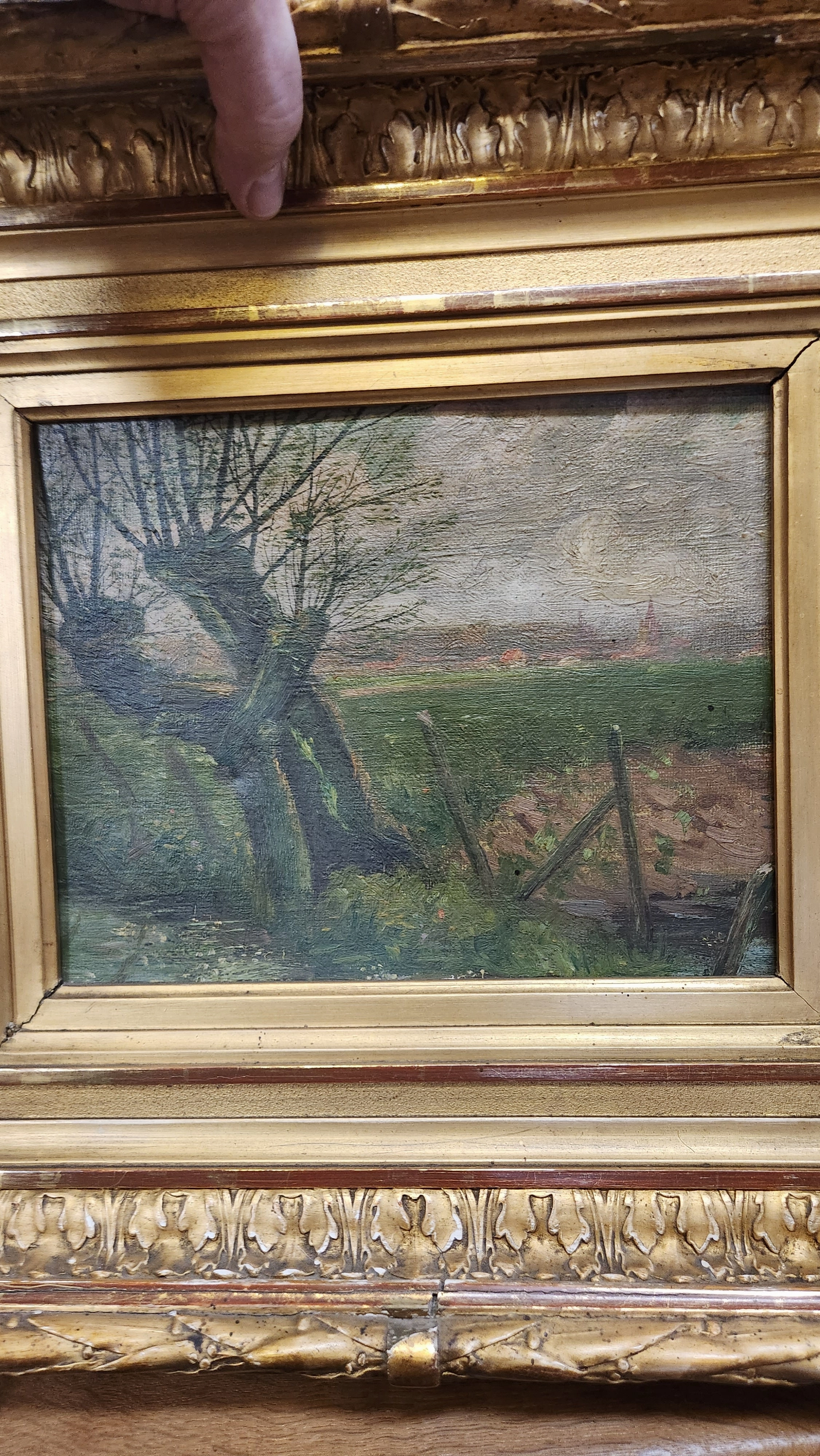 SMALL GILT FRAMED OIL PAINTING OF TREES BY A FIELD