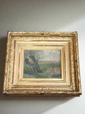 SMALL GILT FRAMED OIL PAINTING OF TREES BY A FIELD classic mural painting