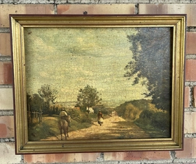 SMALL GILT FRAMED PAINTING OF PEASANTS AND A DONKEY ON THE ROAD classic mural painting