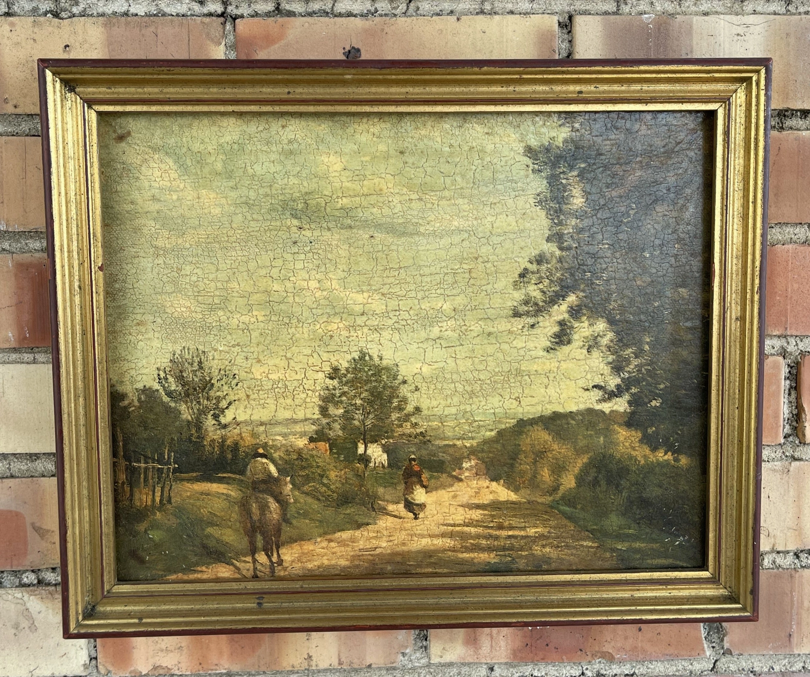 SMALL GILT FRAMED PAINTING OF PEASANTS AND A DONKEY ON THE ROAD classic mural painting