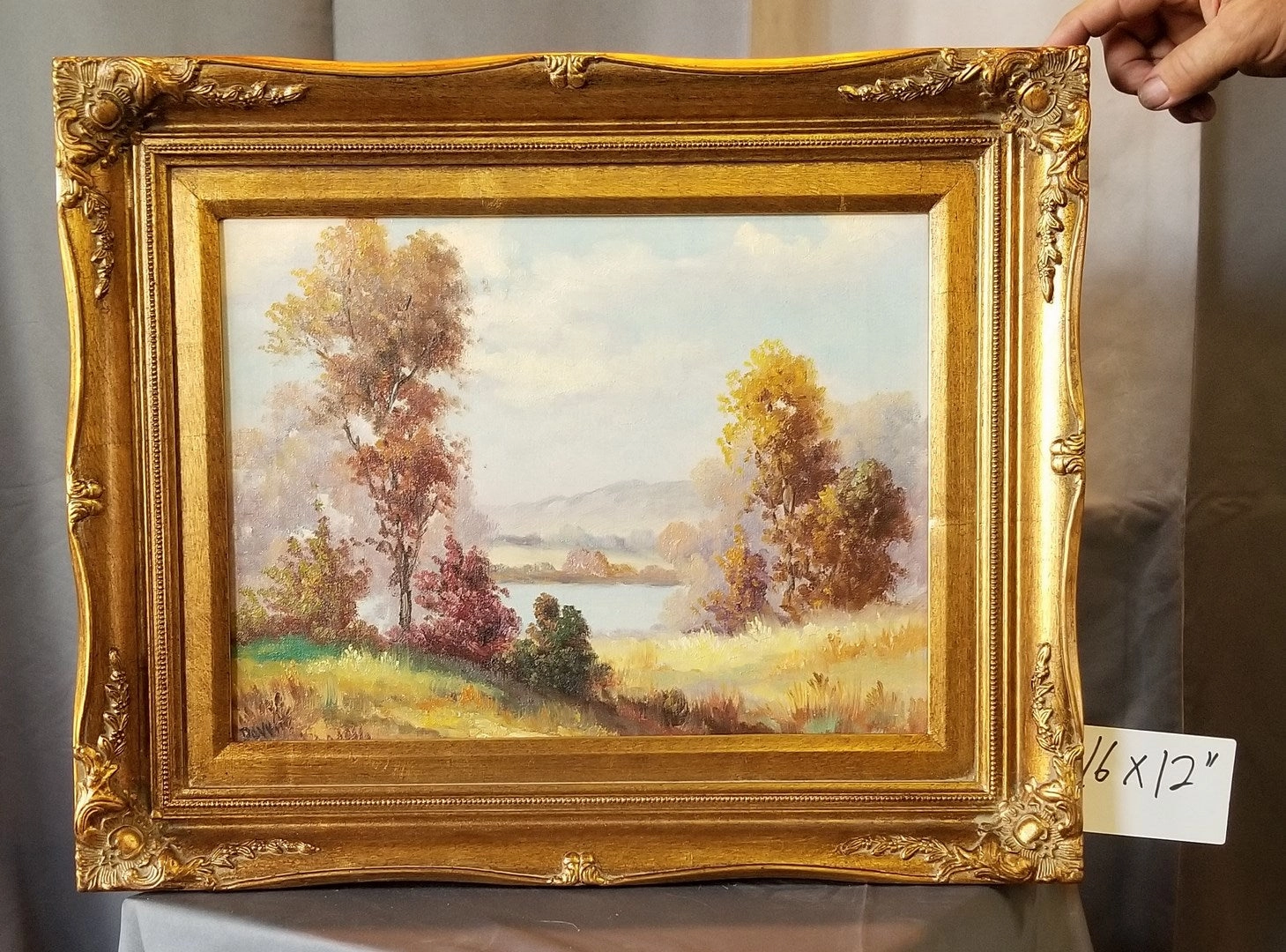 SMALL GOLD FRAMED LANDSCAPE OIL PAINTING OF LAKE BY DWITTE classic mural painting