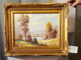 SMALL GOLD FRAMED LANDSCAPE OIL PAINTING OF LAKE BY DWITTE classic mural painting