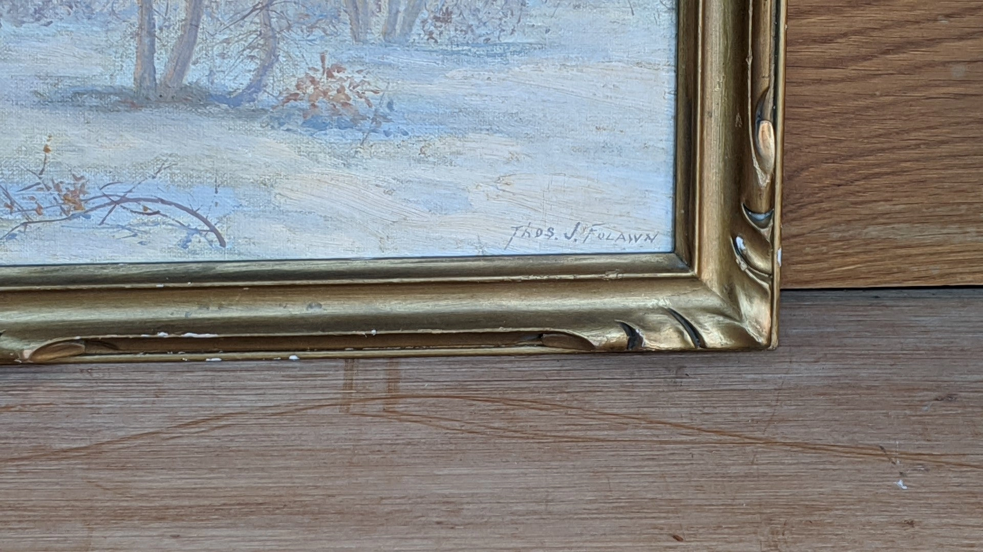 SMALL GOLD FRAMED OIL PAINTING OF DESOLATE TREES