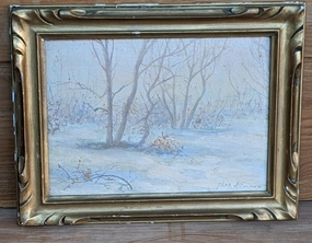 SMALL GOLD FRAMED OIL PAINTING OF DESOLATE TREES classic mural painting