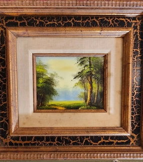 SMALL GOLD FRAMED OIL PAINTING OF TREES FRAME WITH BLACK CRACKLE classic mural painting