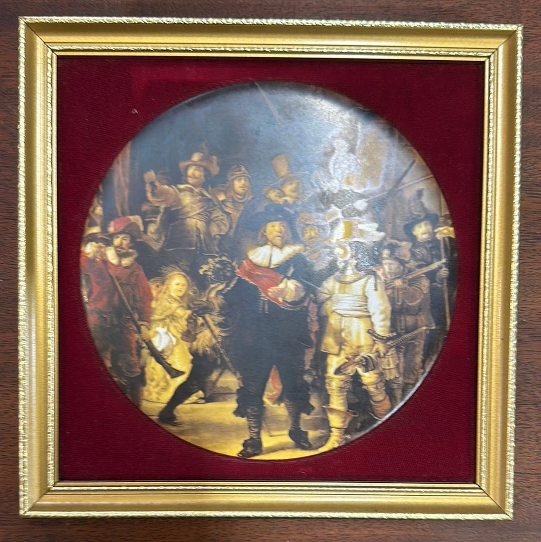 SMALL GOLD FRAMED PORCELAIN MUSKETEERS PAINTING classic mural painting