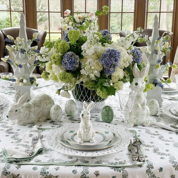 Small Green & White Floral Standing Bunny