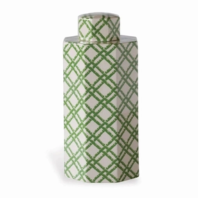 Small Green on Cream Porcelain Tea Jar with Bamboo Trellis Design home display ornament