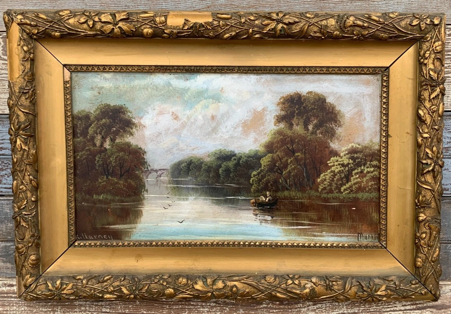 SMALL HORIZONTAL LAKE PAINTING - AS FOUND FRAME classic mural painting