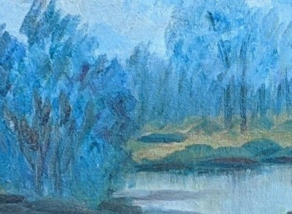 SMALL IMPRESSIONIST LANDSCAPE OIL PAINTING OF RIVER AND TREES