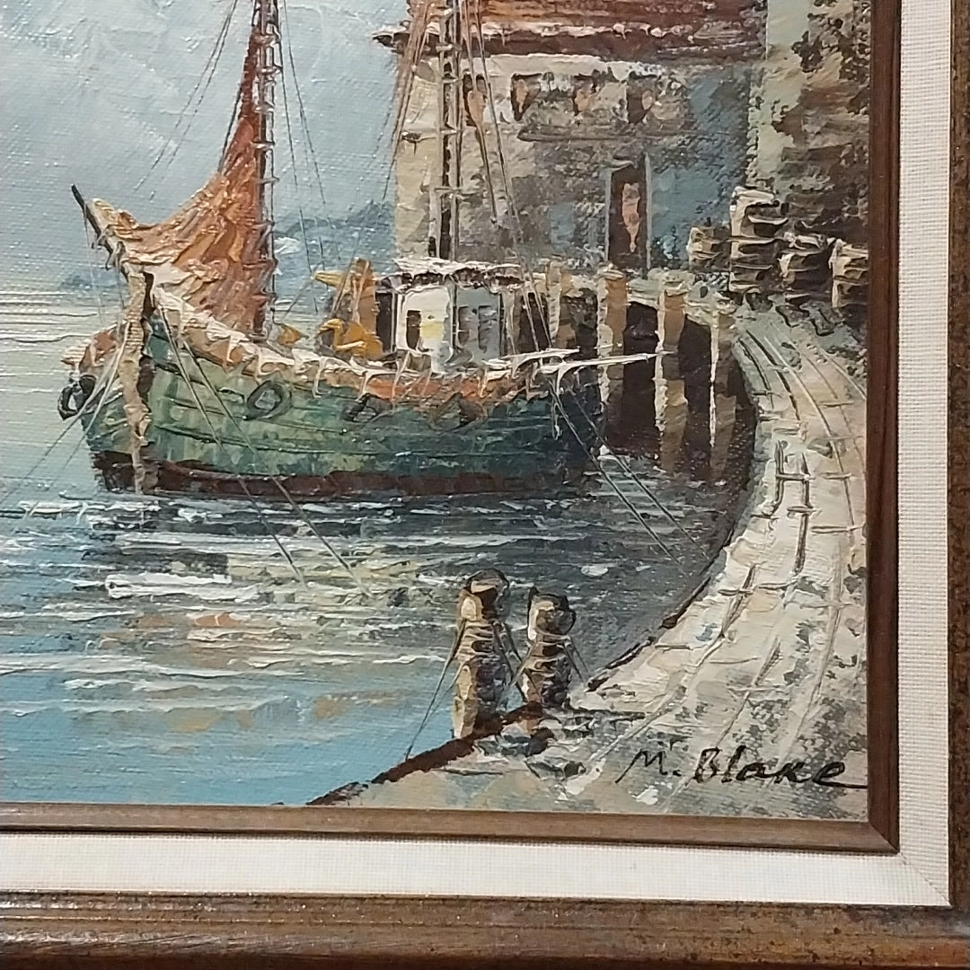 SMALL IMPRESSIONIST SEASCAPE OIL PAINTING WITH BOAT