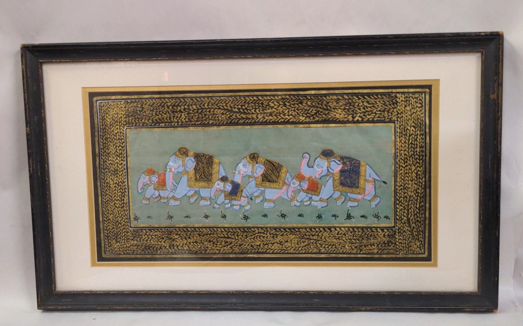 SMALL INDIAN ELEPHANT PAINTING ON SILK classic mural painting