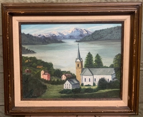 SMALL LANDSCAPE OIL PAINTING OF LAKE AND MOUNTAINS WITH CHURCH BY L. LEHMAN classic mural painting