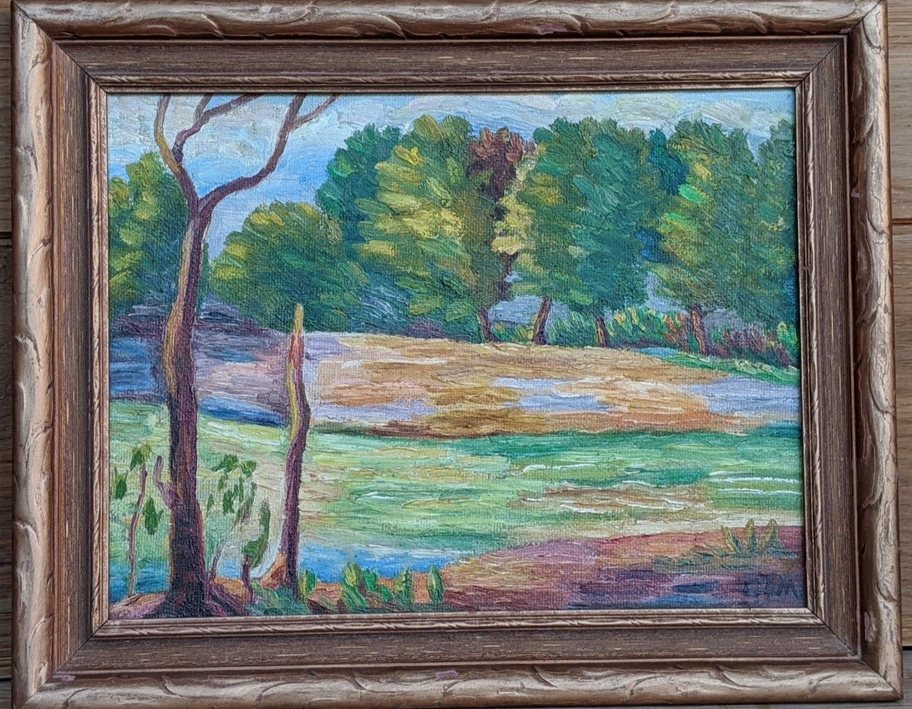 SMALL LANDSCAPE OIL PAINTING OF TREES AND MUDDY MEADOW classic mural painting
