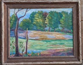 SMALL LANDSCAPE OIL PAINTING OF TREES AND MUDDY MEADOW classic mural painting