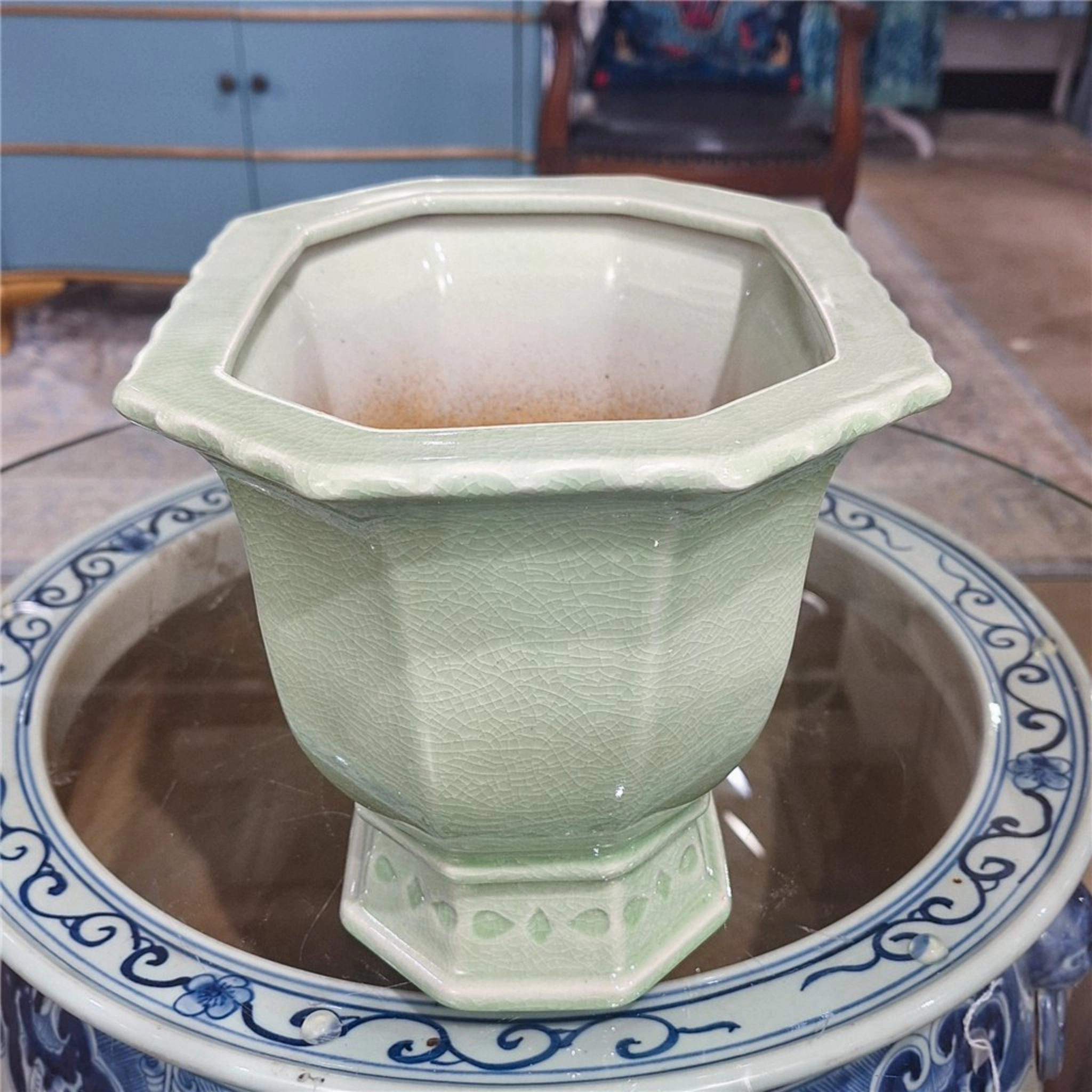 Small Light Green Porcelain Octagonal Footed Planter