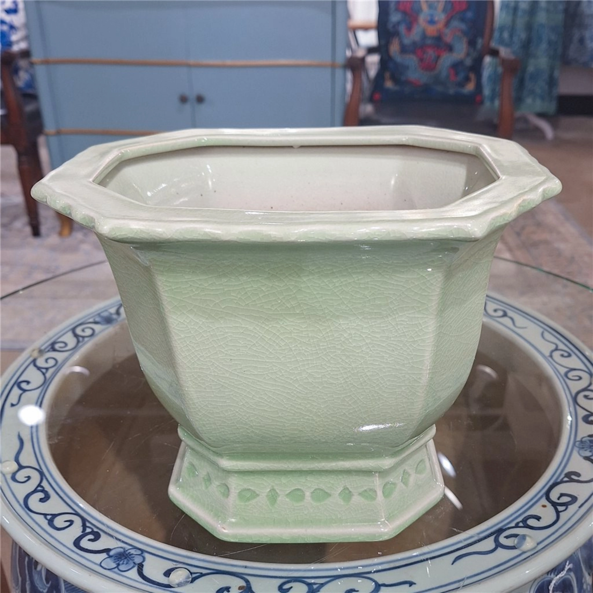 Small Light Green Porcelain Octagonal Footed Planter
