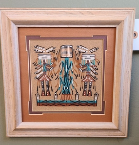 SMALL NAVAJO SAND PAINTING OF SINGLE FIGURE WITH ORANGE MATTING classic mural painting