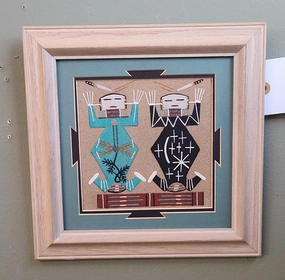 SMALL NAVAJO SAND PAINTING OF SINGLE FIGURE WITH TURQUOISE MATTING classic mural painting