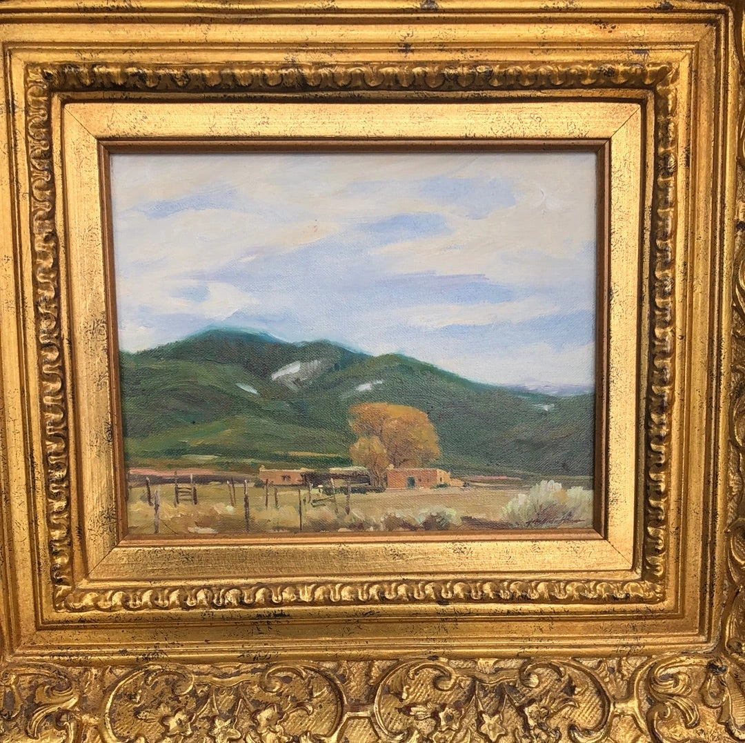 SMALL NICELY FRAMED NEW MEXICO PUEBLO SCENE OIL PAINTING SIGNED JOHN AUSTIN HANNA classic mural painting