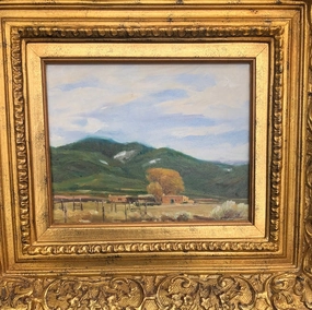 SMALL NICELY FRAMED NEW MEXICO PUEBLO SCENE OIL PAINTING SIGNED JOHN AUSTIN HANNA classic mural painting