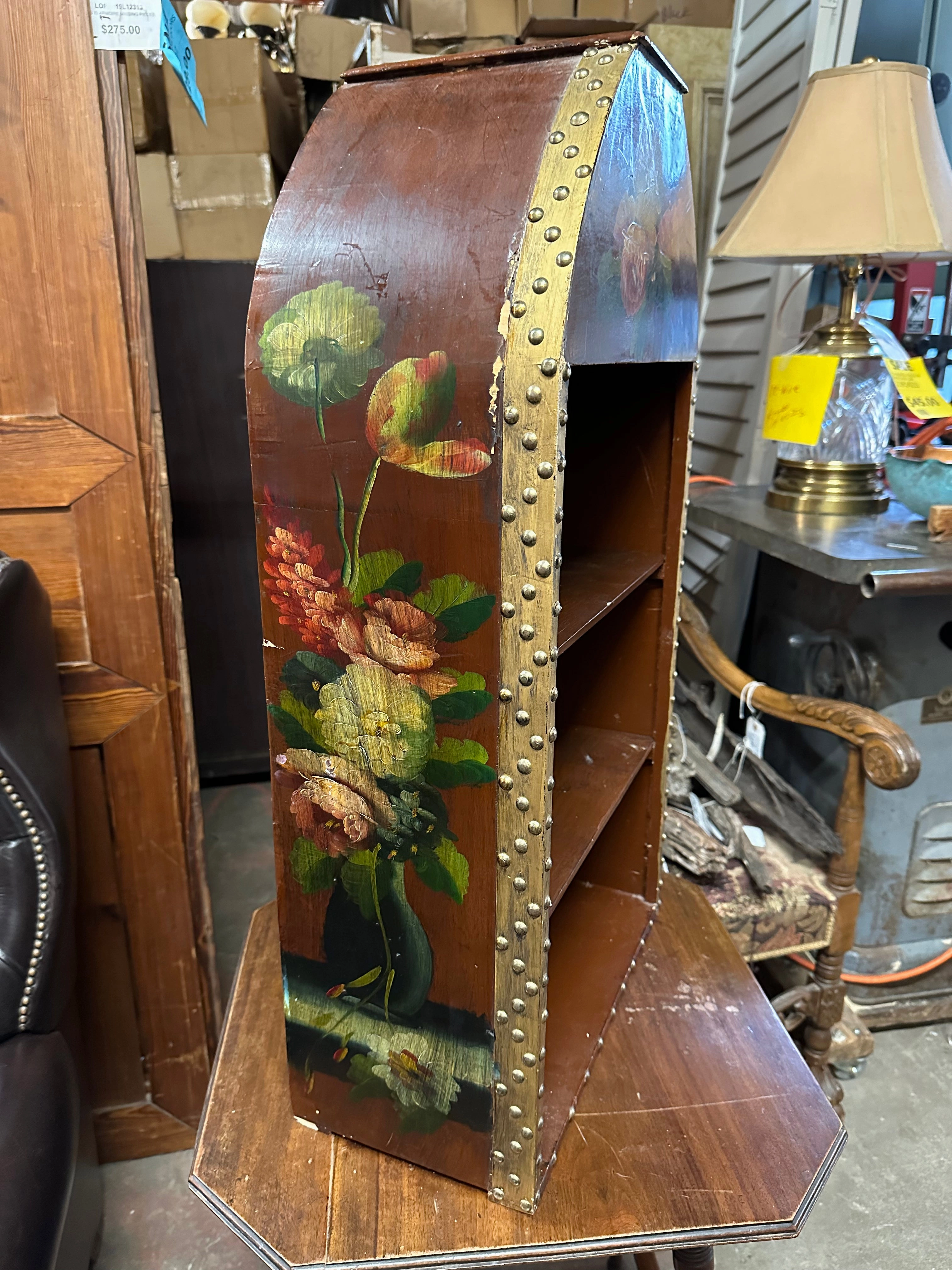 SMALL NOT OLD SHELF WITH FLORAL PAINTING AND BRASS