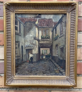 SMALL OIL PAINTING OF 2 PEOPLE ON A COBBLE STONE STREET classic mural painting
