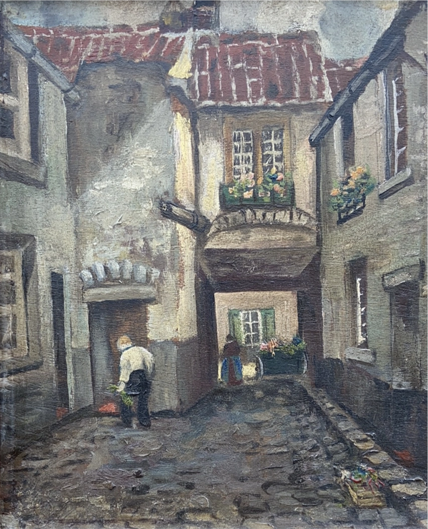 SMALL OIL PAINTING OF 2 PEOPLE ON A COBBLE STONE STREET
