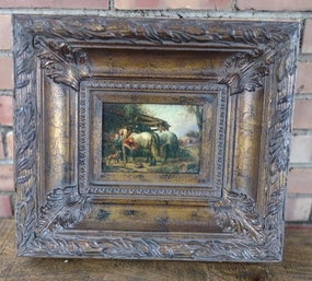 SMALL OIL PAINTING OF A HORSE AND PEOPLE classic mural painting