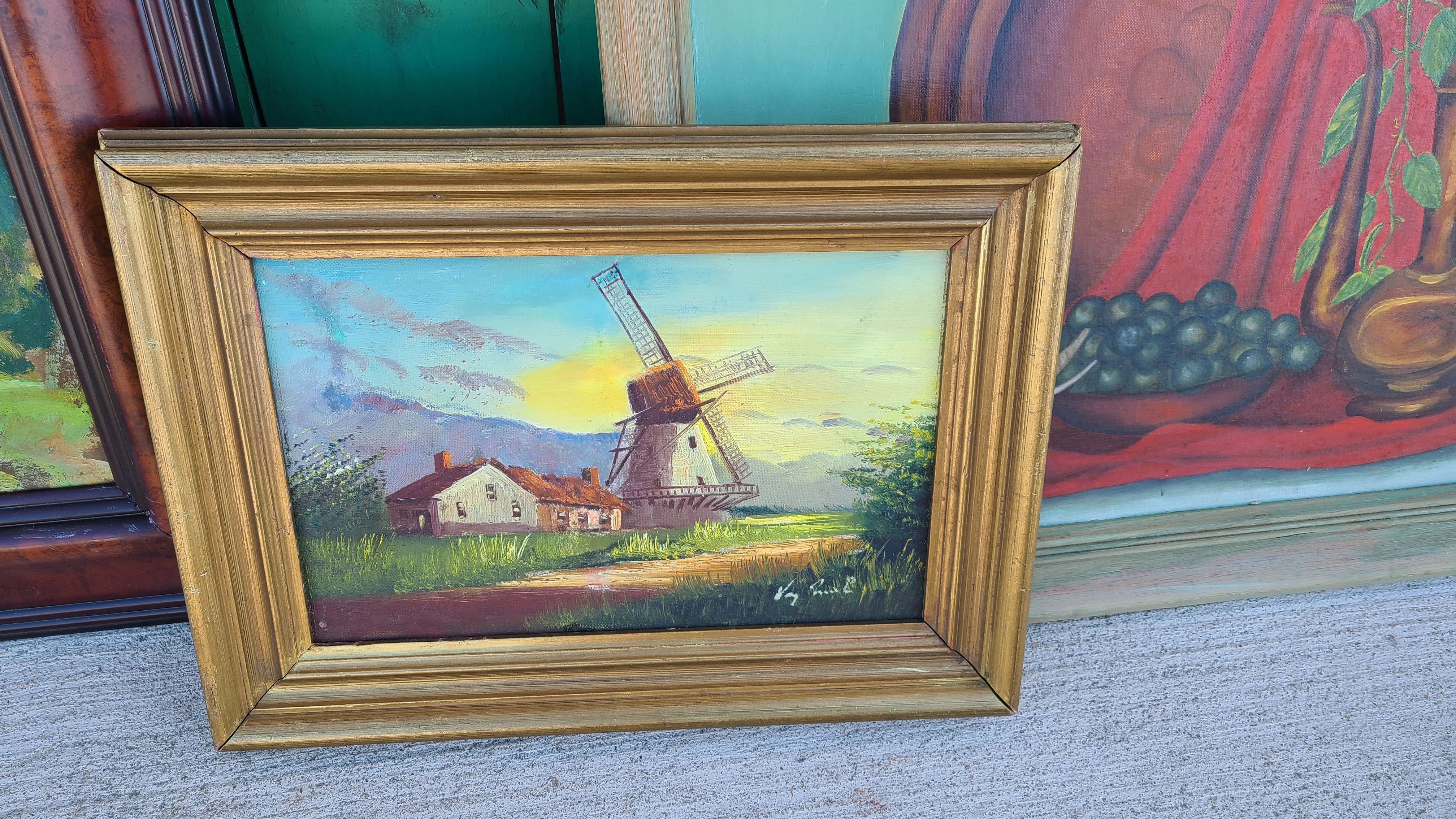 SMALL OIL PAINTING OF A HORSE AND WINDMILL classic mural painting