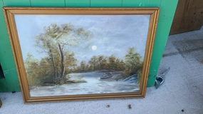 SMALL OIL PAINTING OF A MOONLIT RIVER WITH CANOE classic mural painting