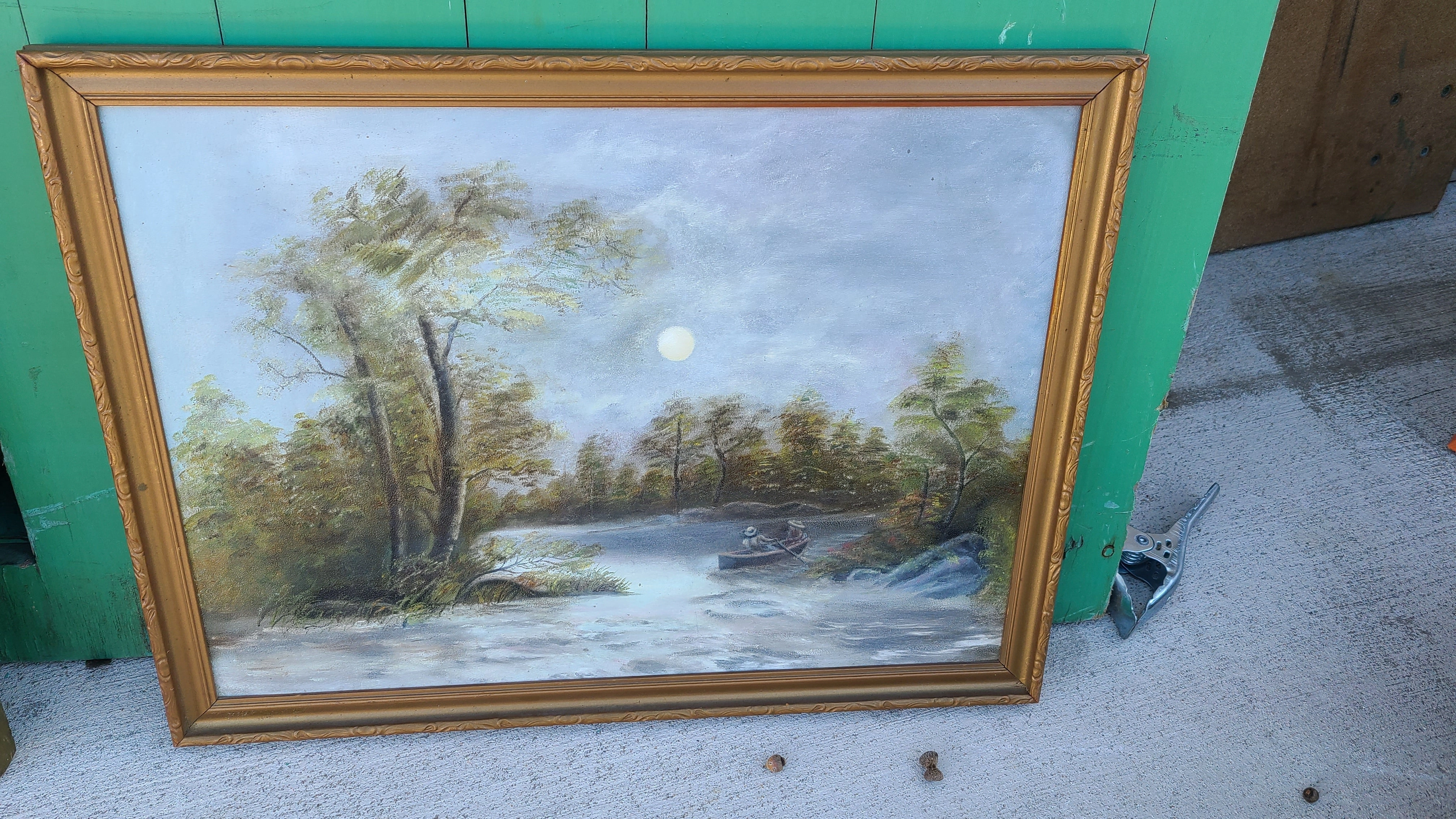 SMALL OIL PAINTING OF A MOONLIT RIVER WITH CANOE classic mural painting